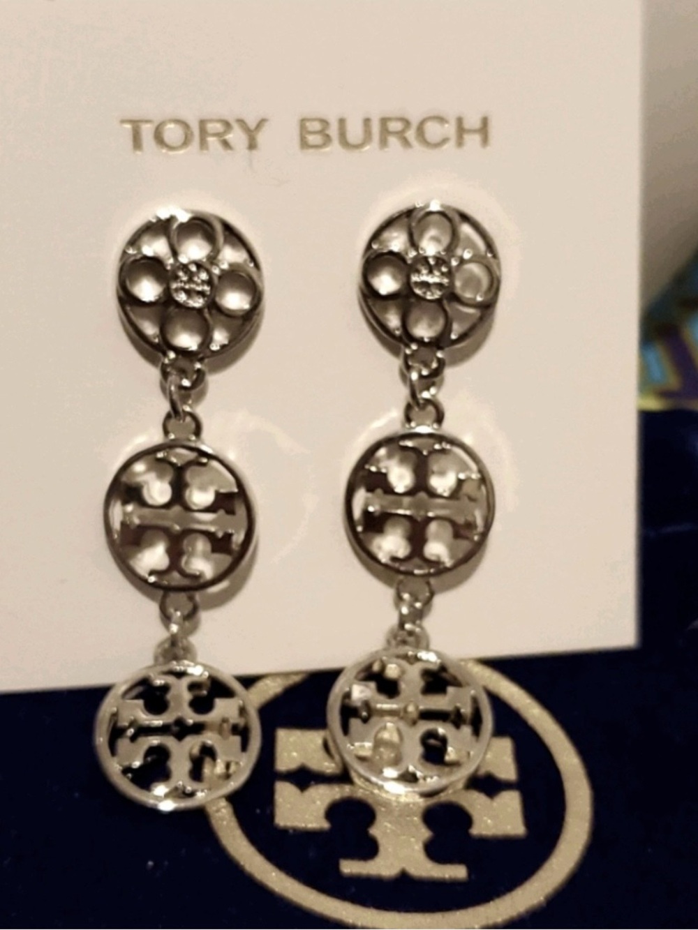 Tory Burch silver triple logo drop earrings MSRP $149